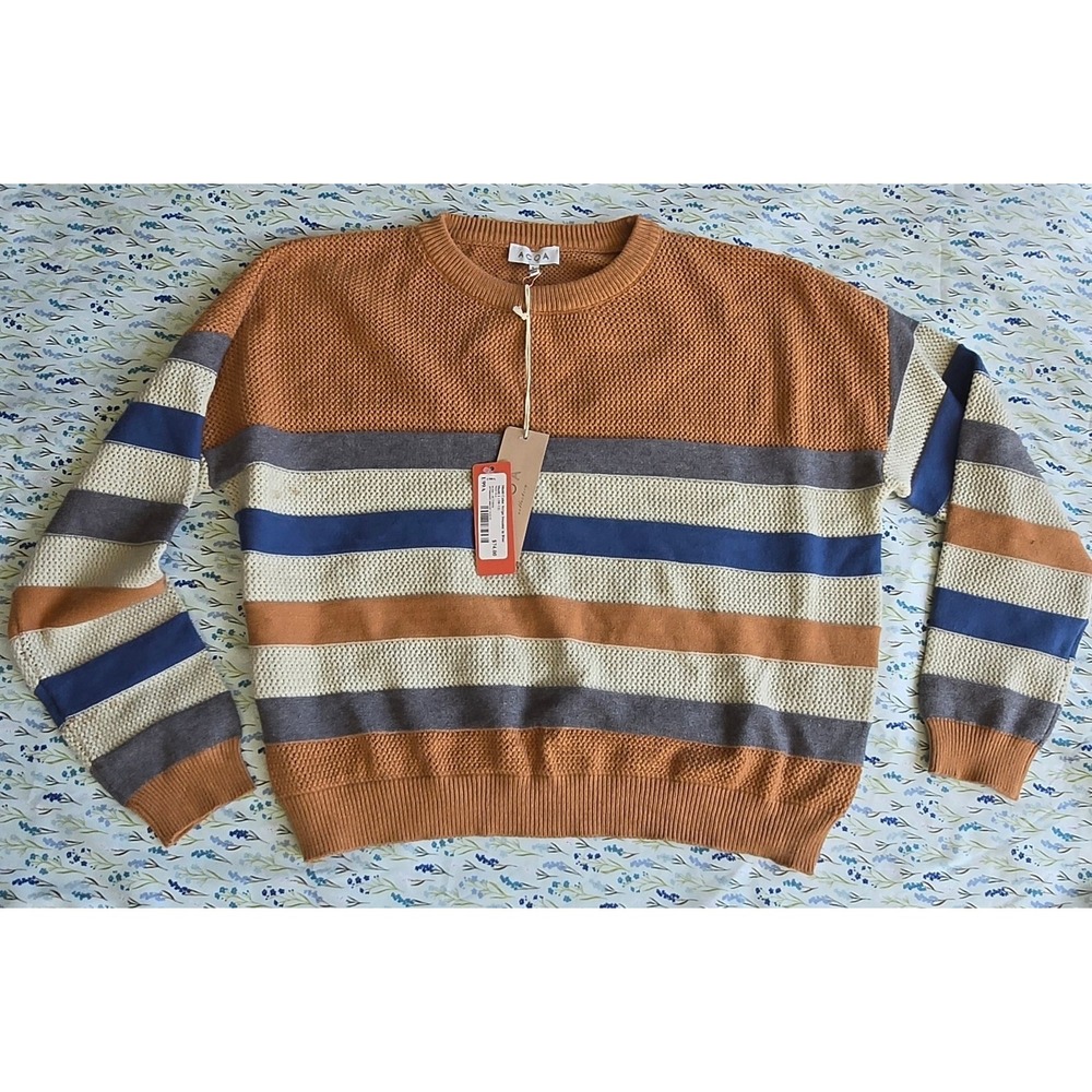 ACOA Striped Crew Neck Sweater Orange Blue Grey Cream Knit Long SleeveTopWomensL